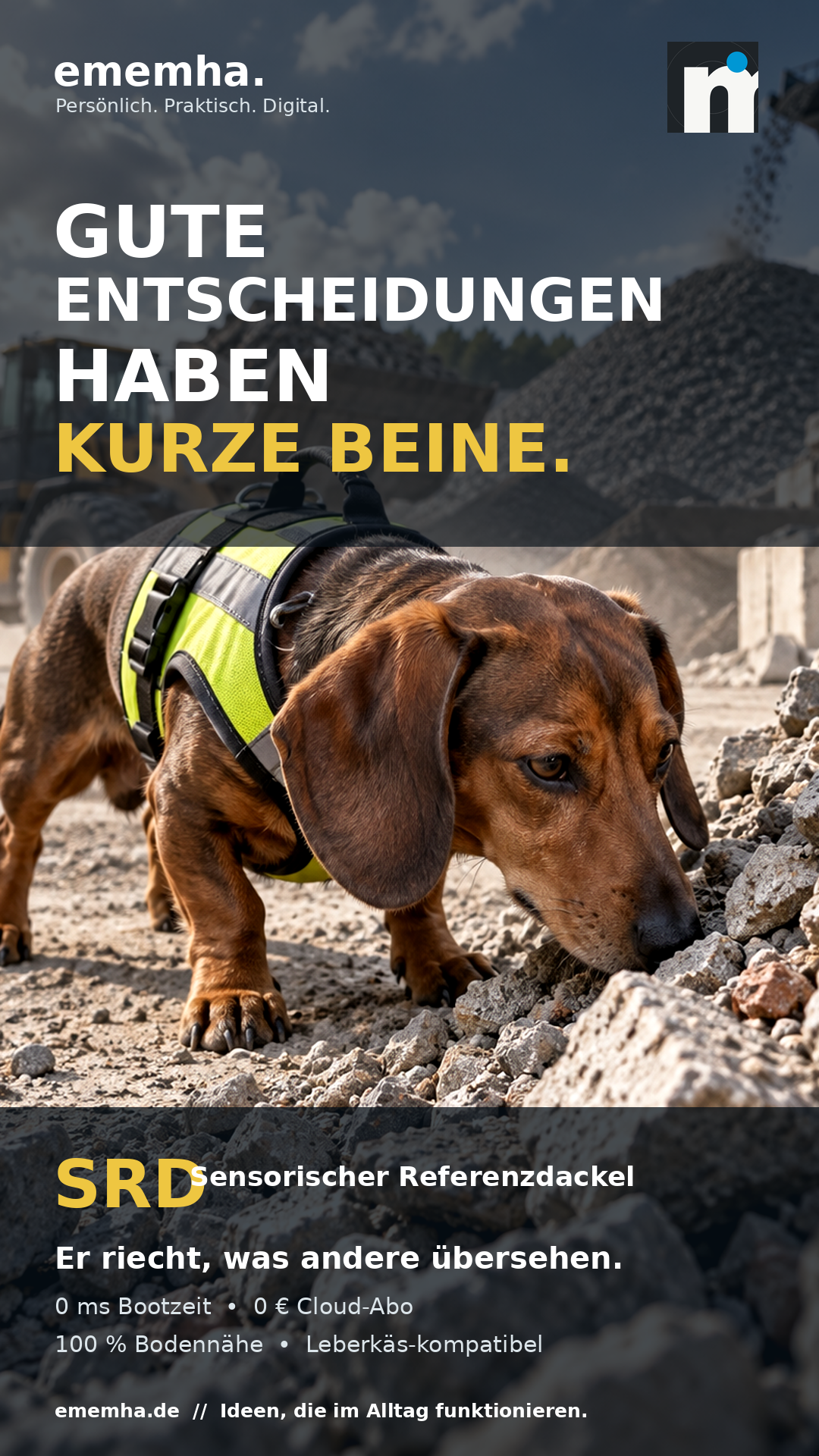 SRD-Poster: Dackel mit Warnweste auf einer Baustelle. Gute Entscheidungen haben kurze Beine.